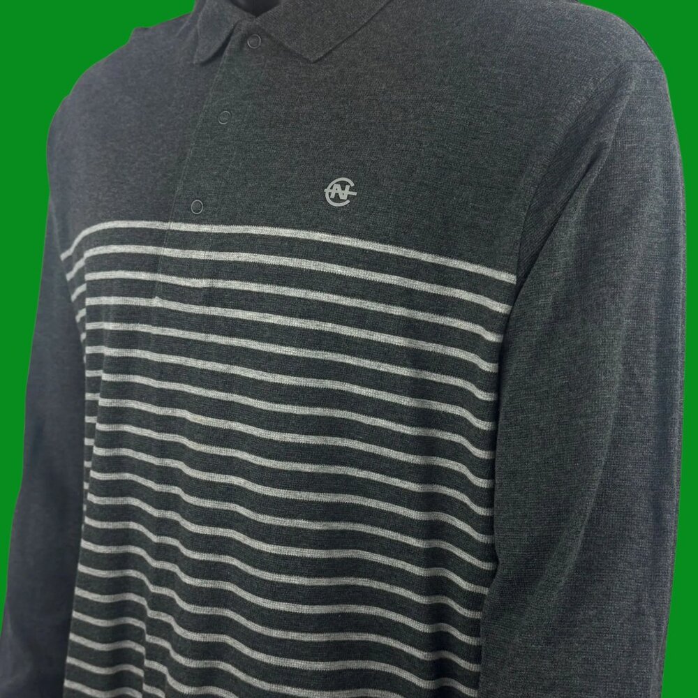 VTG Nautica Competition Gray & White Striped Long Sleeve Rugby Polo Shirt